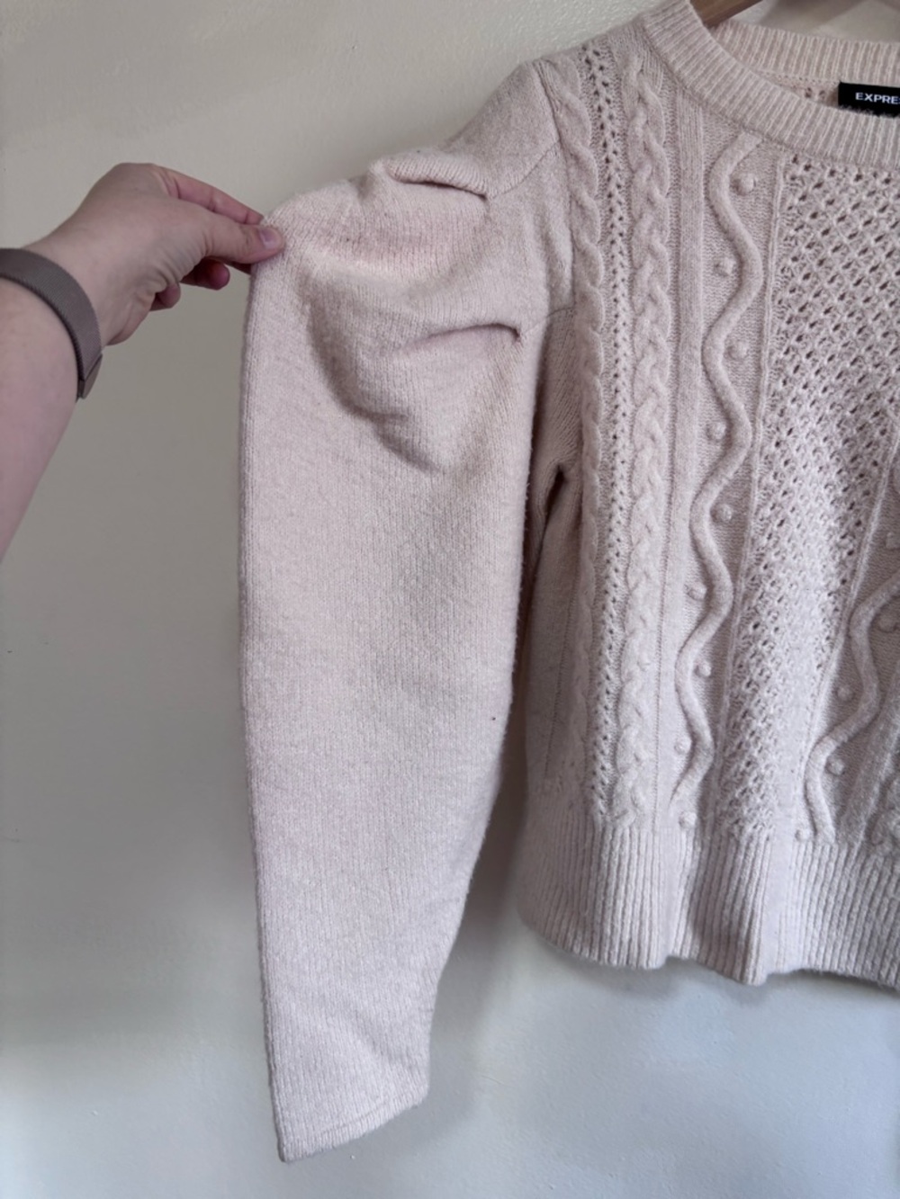 Express Women's Light Pink Puff Sleeve Cable Knit Sweater size SP - Picture 2 of 5